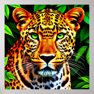 Close-up jaguar luipaard gezicht met groene ogen poster