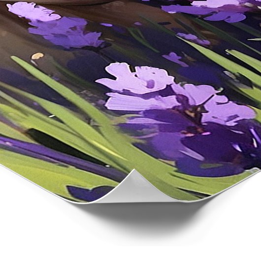 Close-up leeuw in lavendel bloem veld schilderij poster (Hoek)