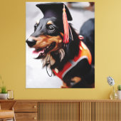 Close Up Of Dachshund Dog Wearing Graduation Hat P Canvas Afdruk (Insitu (Woonkamer))