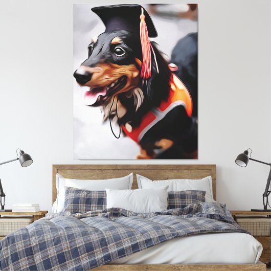 Close Up Of Dachshund Dog Wearing Graduation Hat P Canvas Afdruk (Insitu (Slaapkamer))