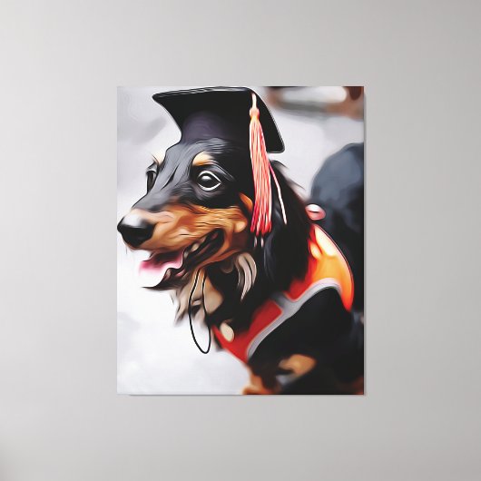 Close Up Of Dachshund Dog Wearing Graduation Hat P Canvas Afdruk (Voorkant)
