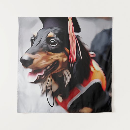 Close Up Of Dachshund Dog Wearing Graduation Hat P Wandkleed (Voorkant)
