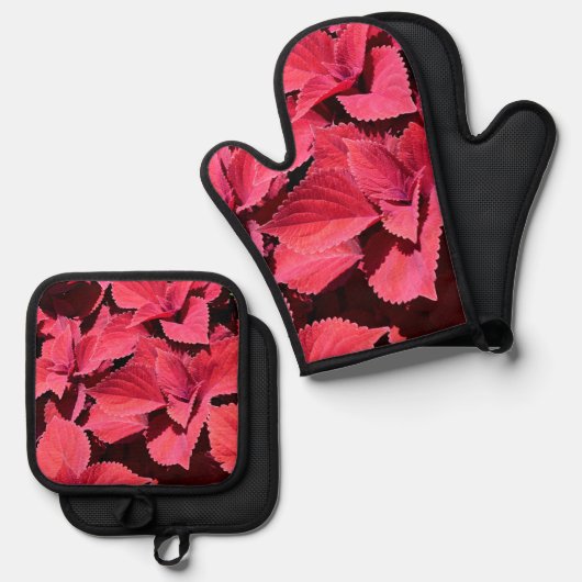 Close-up van coleus ovenwant & pannenlap set (Voorkant / Achterkant)