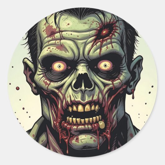 Close-up van een Pop Art Zombie Halloween Ronde Sticker (Voorkant)