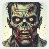 Close-up van een Pop Art Zombie Halloween Vierkante Sticker (Voorkant)