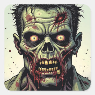 Close-up van een Pop Art Zombie Halloween Vierkante Sticker