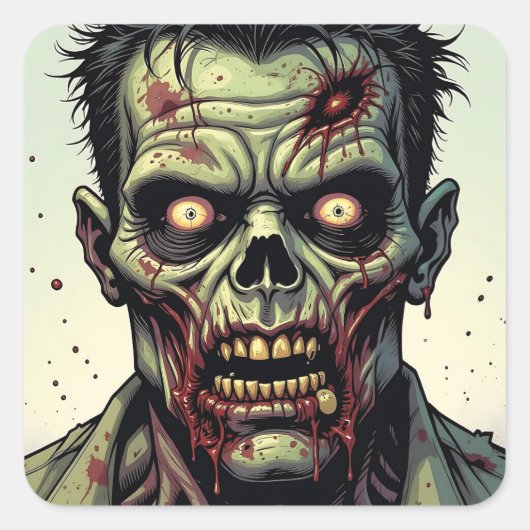 Close-up van een Pop Art Zombie Halloween Vierkante Sticker (Voorkant)