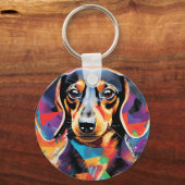 Close-up van een teckel hond op kleurrijke achterg sleutelhanger (Voorkant)