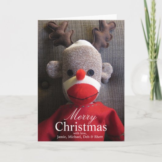 Close-up van het gezicht rood van de sokaap met feestdagen kaart (Voorkant)