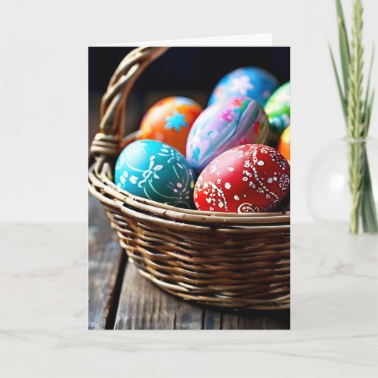 Close-up van paasmand gevuld met eieren feestdagen kaart (Voorkant)