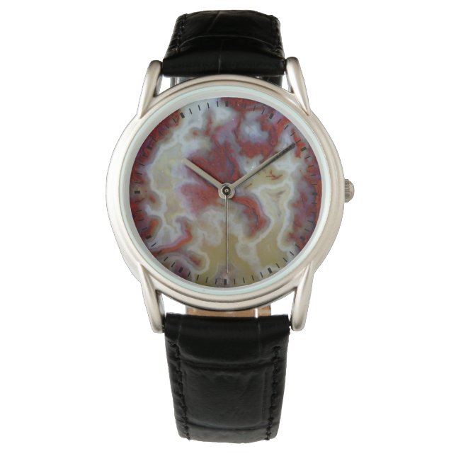 Close-up van rode mos agaat plaat horloge (Voorkant)