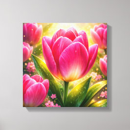 Close-up van roze tulpen met dauw en zonlichtglans canvas afdruk
