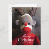 Close-up van sok aap gezicht met gewei, rood feestdagenkaart (Voorkant / Achterkant)