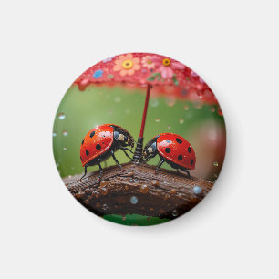 Close-up van twee lieveheersbeestjes die een regen magneet