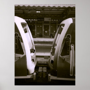 Close-up van twee treinen op het perron van het st poster