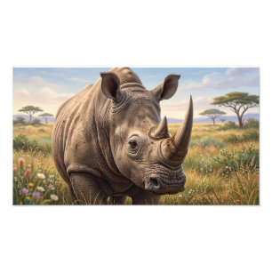 Close-up Wilde Neushoorn Portret In Savanne Foto V Afdruk