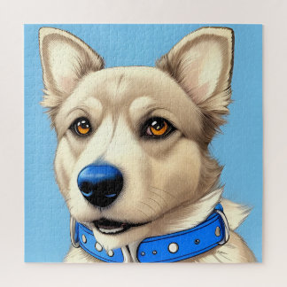 Close-upportret van een hond met een blauwe halsba legpuzzel