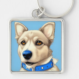 Close-upportret van een hond met een blauwe halsba sleutelhanger