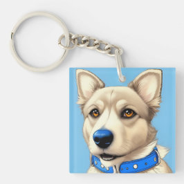 Close-upportret van een hond met een blauwe halsba sleutelhanger