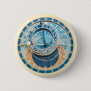 Closeup on Prague Astronomical Clock, Czech R. Ronde Button 5,7 Cm