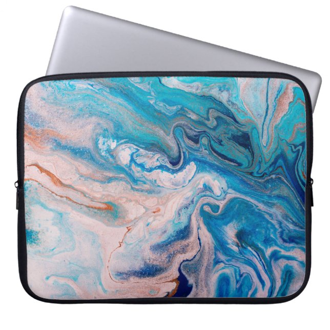 Closeup van gemengde blauwe en witte abstracte mar laptop sleeve (Voorkant)