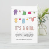 Clothes Line Baby shower Invitation, Girl Kaart (Staand voorkant)