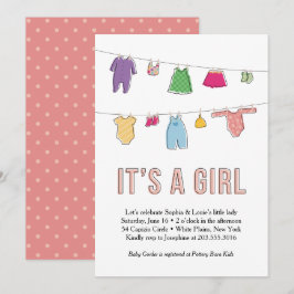 Clothes Line Baby shower Invitation, Girl Kaart