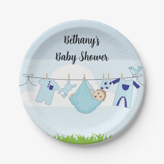Clothesline Baby Boy Douche Papier Borden Papieren Bordje (Voorkant)