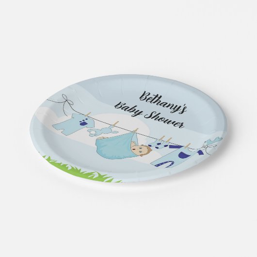 Clothesline Baby Boy Douche Papier Borden Papieren Bordje (Gekanteld)