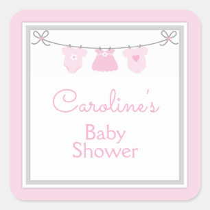 Clothesline Baby Girl Shower Pink Grey Chevron Vierkante Sticker