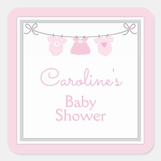 Clothesline Baby Girl Shower Pink Grey Chevron Vierkante Sticker (Voorkant)