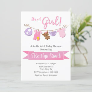 Clothesline Baby shower Invitation Baby Girl Kaart