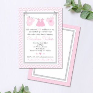 Clothesline Baby shower Invitation roze en grijs Kaart