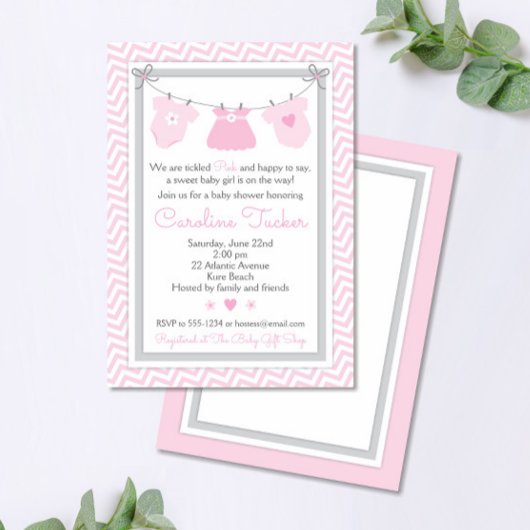 Clothesline Baby shower Invitation roze en grijs Kaart