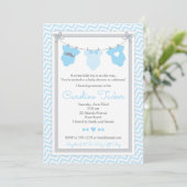 Clothesline Baby shower Uitnodiging blauw en grijs (Staand voorkant)