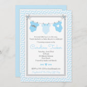 Clothesline Baby shower Uitnodiging blauw en grijs (Voorkant / Achterkant)
