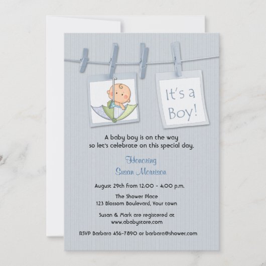 Clothesline, Blue, Baby Boy Shower Kaart (Voorkant)
