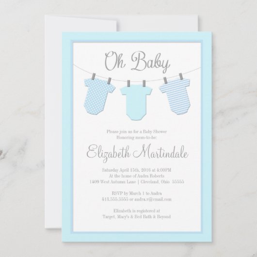 Clothesline Blue Baby Shower-uitnodiging Kaart (Voorkant)