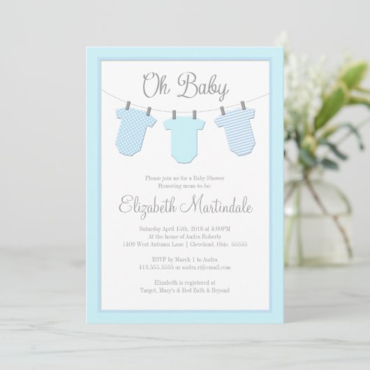 Clothesline Blue Baby Shower-uitnodiging Kaart (Staand voorkant)