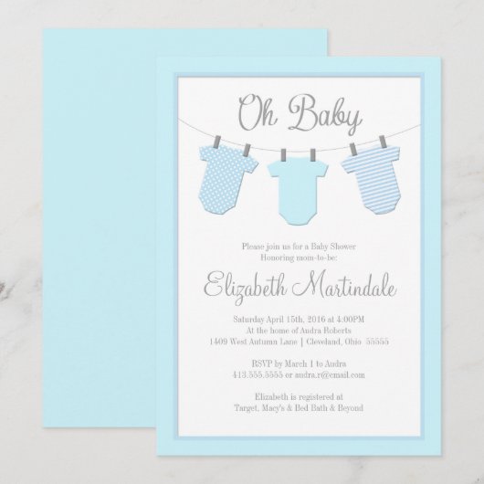 Clothesline Blue Baby Shower-uitnodiging Kaart (Voorkant / Achterkant)
