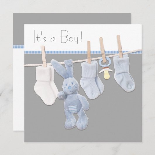 Clothesline Blue en Grey Baby Boy Shower Kaart (Voorkant / Achterkant)