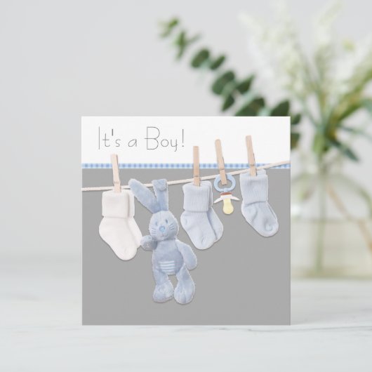 Clothesline Blue en Grey Baby Boy Shower Kaart (Staand voorkant)