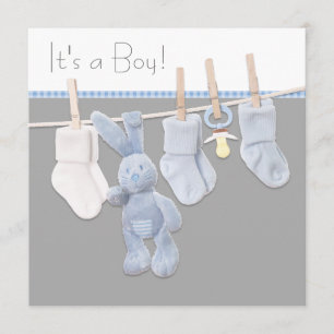 Clothesline Blue en Grey Baby Boy Shower Kaart