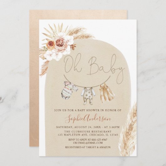 Clothesline Boho Pampas Grass Baby shower Kaart (Voorkant / Achterkant)