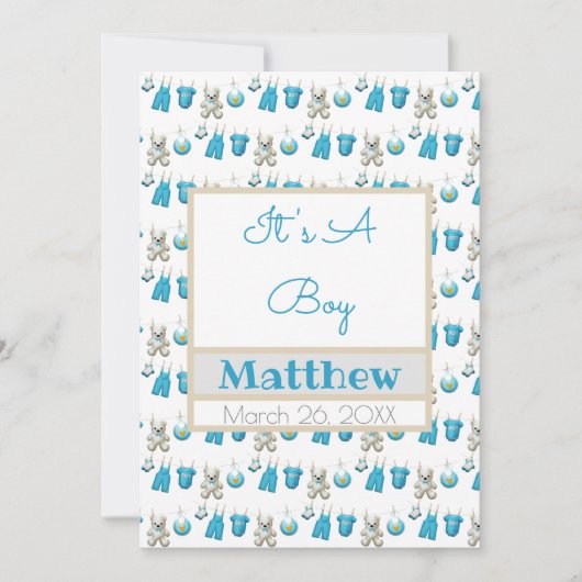 Clothesline Boy Name Photo Flat Announcement Kaart (Voorkant)