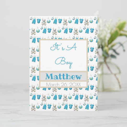 Clothesline Boy Name Photo Flat Announcement Kaart (Staand voorkant)