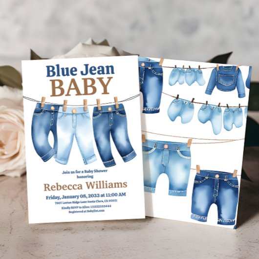 Clothesline Denim Boy Blue Jean Baby shower Kaart