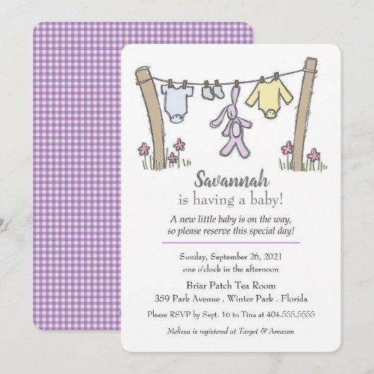 Clothesline Gender Neutrale Baby shower Invitation Kaart (Voorkant / Achterkant)