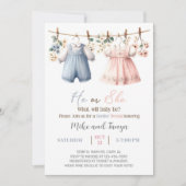 Clothesline gender reveal invitation, flowers. kaart (Voorkant)
