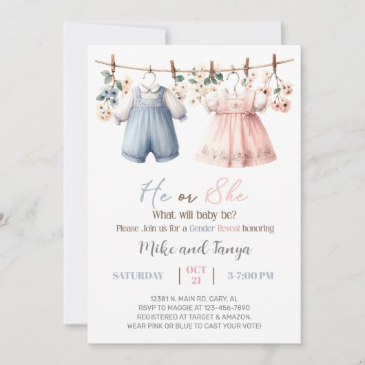 Clothesline gender reveal invitation, flowers. kaart (Voorkant)